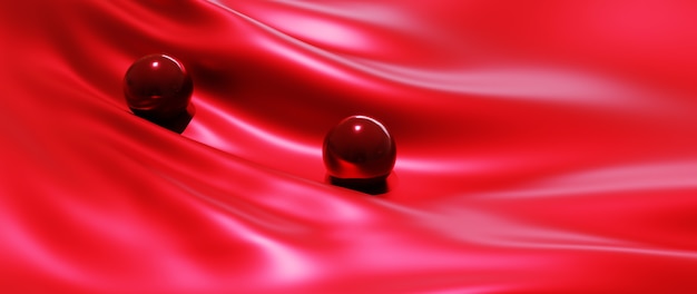 Foto 3d-darstellung von roten kugeln und seide abstrakte kunst-mode-hintergrund.