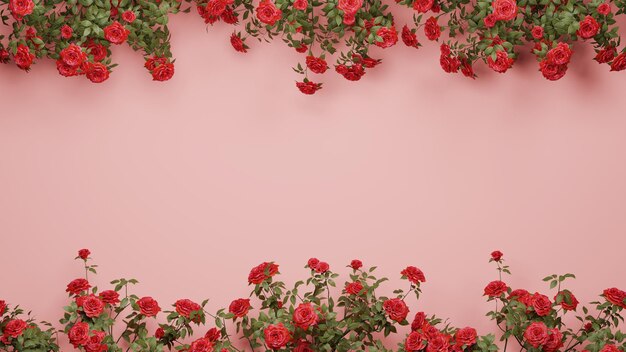 Foto 3d-darstellung von roten rosen auf rosa hintergrund