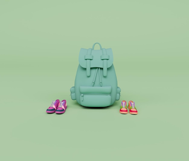 3D-Darstellung von Rucksack und zwei Paar bunte Schuhe isoliert auf pastellfarbenem Hintergrund 3D-Hintergrund minimale Szene