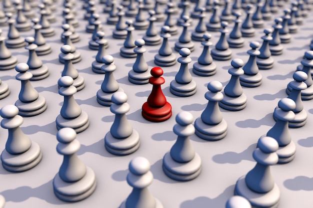 3D-Darstellung von Schachfiguren Unter den vielen weißen Figuren sticht die rote Figur hervor