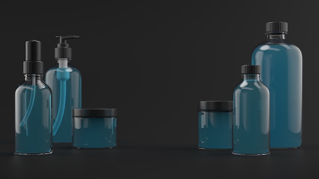 3D-Darstellung von Schönheitsflaschen. Kosmetische Flasche 3D-Hintergrund. Set Körperpflegeflaschen mit abstrakter Flüssigkeit auf dunklem Hintergrund.