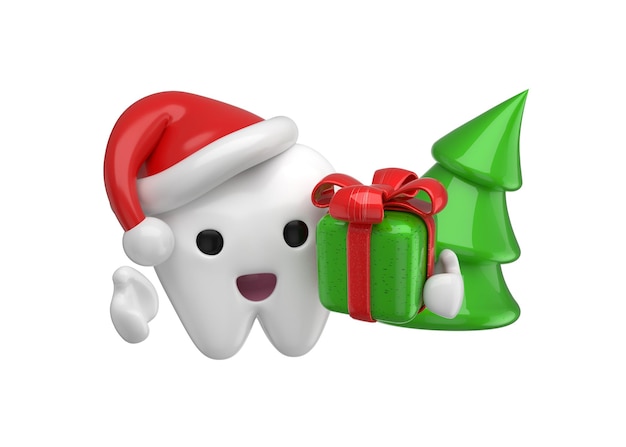 Foto 3d-darstellung von süßen, glücklichen, gesunden zähnen mit geschenken, die weihnachten auf festlichem hintergrund feiern.