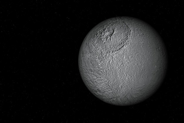 3D-Darstellung von Tethys, einem der Saturnmonde, dem sechsten Planeten von SunxA