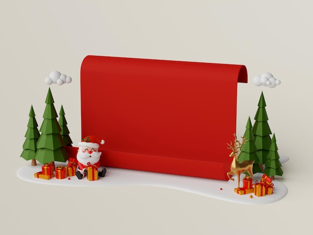 3D-Darstellung von weihnachtlichem rotem Papier auf Schneeboden mit Weihnachtsmann und Geschenkbox