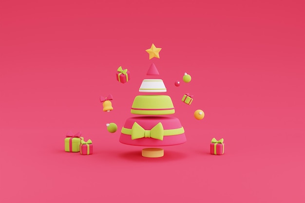 3D-Darstellung von Weihnachtsbaum, umgeben von Geschenkboxen, minimalistische 3D-Design-Weihnachtsdekorationen.