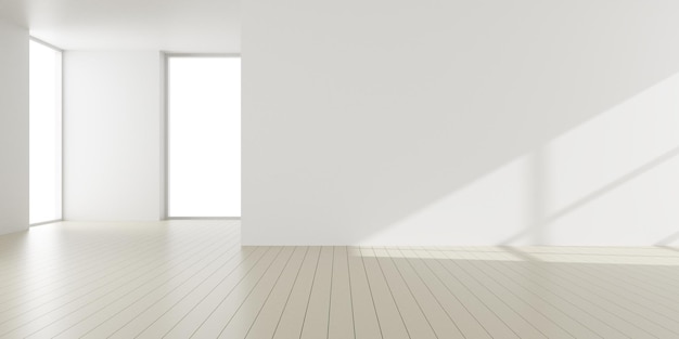 3D-Darstellung von weißem, leerem Raum und Holzboden Zeitgenössischer Innenhintergrund