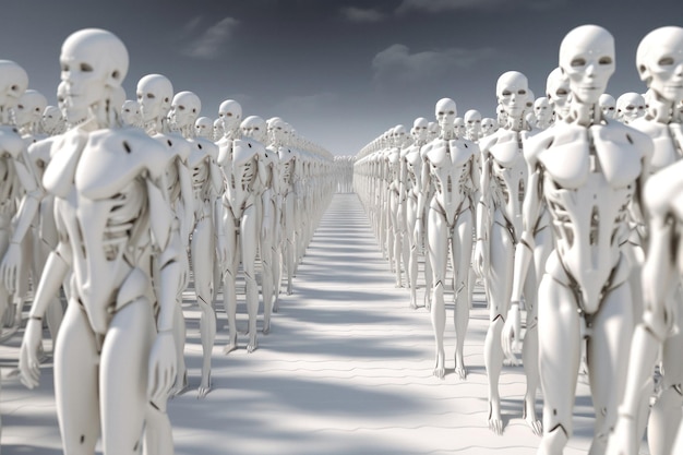Foto 3d-darstellung von weißen humanoiden in formation