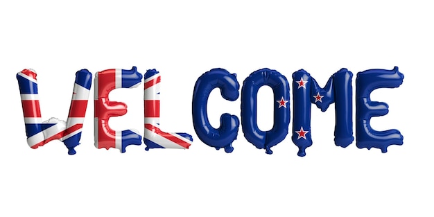 3D-Darstellung von Welcomeletter-Ballons in Neuseeland-Flagge isoliert auf weißem Hintergrund