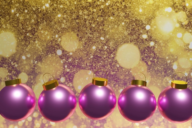 3D-Darstellung von wunderschönen fliegenden violetten Weihnachtskugeln auf goldenem Bokeh-Hintergrund