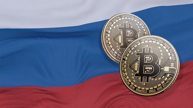 3D-Darstellung von zwei Bitcoins vor einer russischen Flagge