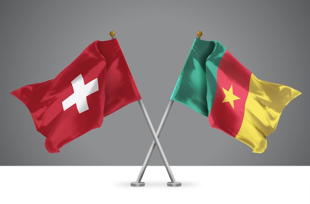 3D-Darstellung von zwei gekreuzten Flaggen der Schweiz und Kameruns