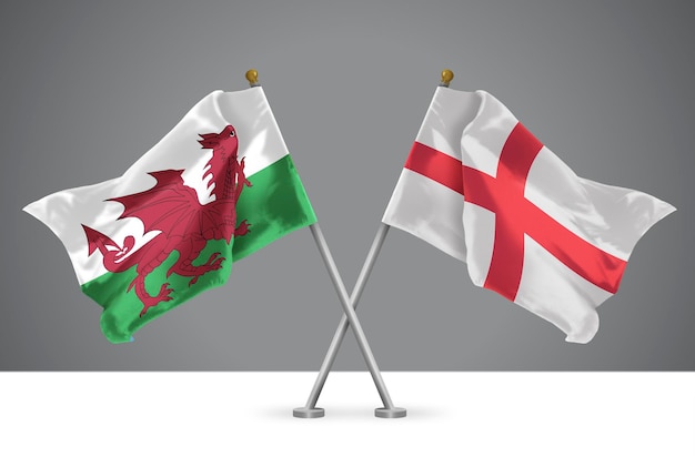 3D-Darstellung von zwei gekreuzten Flaggen von Wales und England