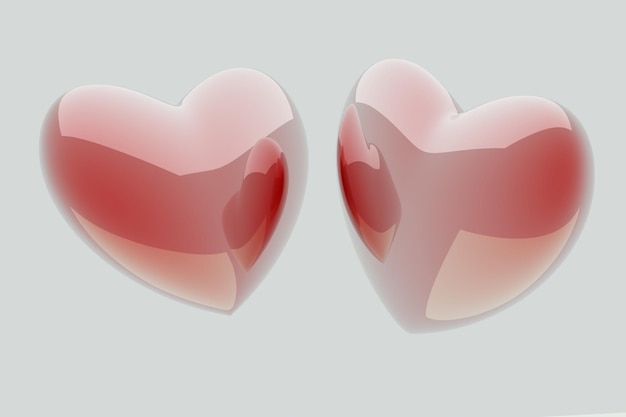 3D-Darstellung von zwei glänzenden roten Herzen nebeneinander isoliert auf hellgrau