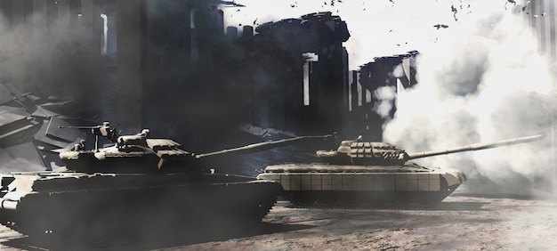 3D-Darstellung von zwei T72-Panzern in Rauchwolken während des Straßenkampfes mit zerstörten Gebäuden