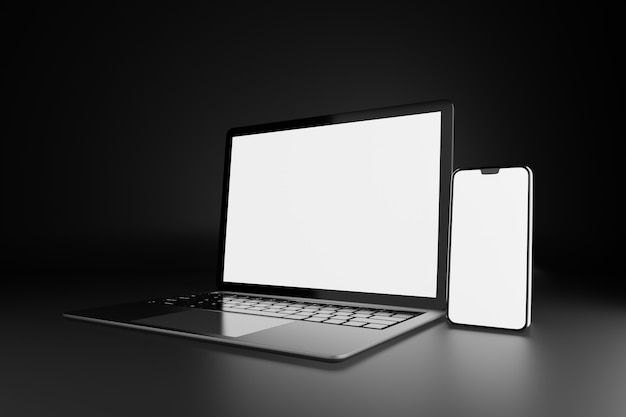 3D-Darstellungs-Rendering-Objekt. Silberne und schwarze Farbe des Laptops mit leerem Bildschirm des Smartphones im dunklen Thema