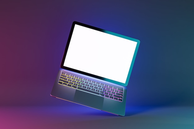 3D-Darstellungs-Rendering-Objekt. Silberner und schwarzer leerer Bildschirm des Laptopcomputers im blauen rosa hellen Farbhintergrund.