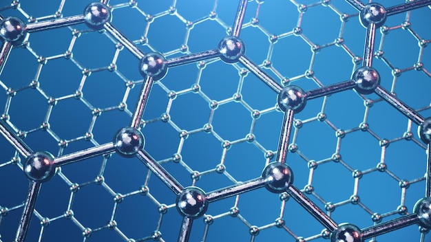 3D-Darstellungsstruktur der Graphen- oder Kohlenstoffoberfläche, abstrakte nanotechnologische hexagonale geometrische Form, Nahaufnahme, Atomstruktur des Konzepts Graphen, Molekularstruktur des Konzepts Graphen.