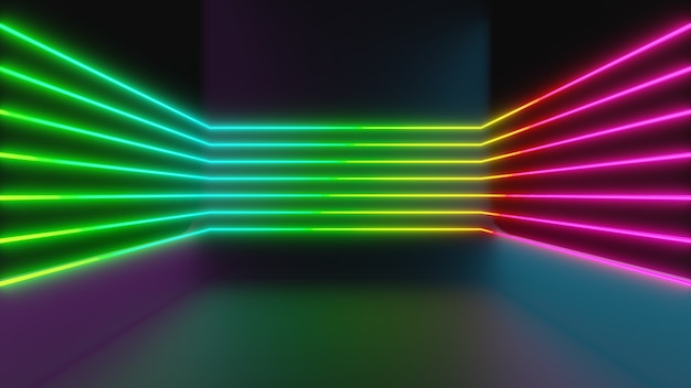 3D-Darstellungswiedergabe. Farbige Neonlichtlinienform in einem dunklen Raum mit perspektivischer Ansicht. futuristische und technologische Konzepte.
