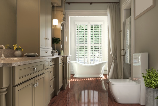 3d, das klassisches Badezimmer mit Holzfußboden- und Gartenansicht vom Fenster überträgt