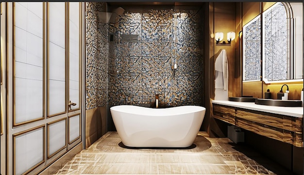 3d, das klassisches modernes Badezimmer mit Luxusfliesendekor überträgt