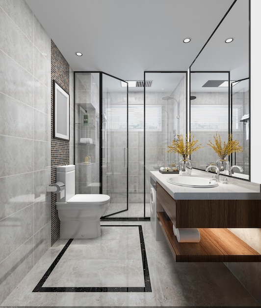 Foto 3d, das luxusbadezimmer und toilette des modernen designs überträgt