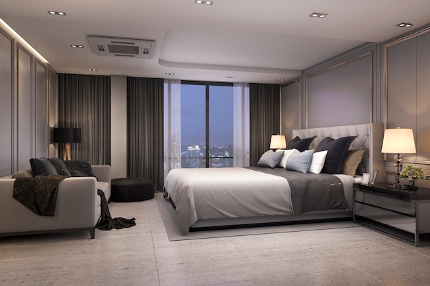 3d, das moderne Luxusschlafzimmersuite nachts mit gemütlichem Design überträgt