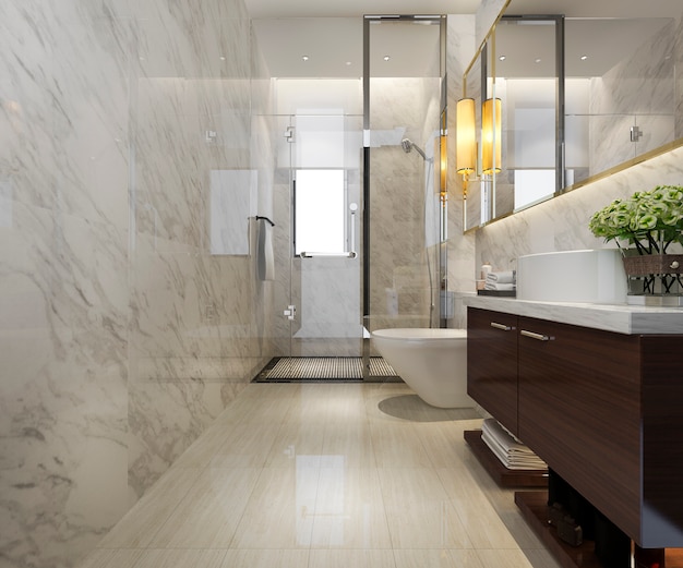3d, das modernes Badezimmer mit Luxusfliesendekor überträgt