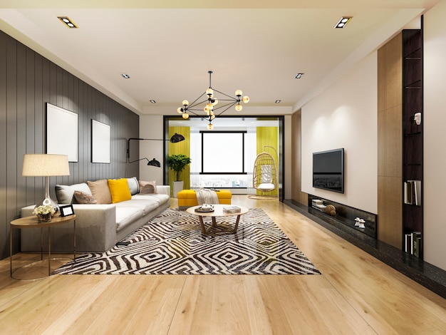 3d, das modernes gelbes Wohnzimmer mit Luxusdekor überträgt