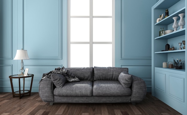 3d, das nettes blaues Wohnzimmer mit bequemem Sofa überträgt