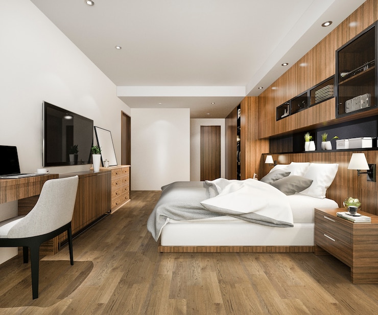 Foto 3d, das schöne luxusschlafzimmersuite im hotel mit fernsehapparat und funktionstabelle überträgt