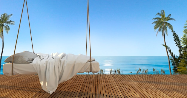 3d, das schönes hängendes Bett auf Terrasse nahe Strand und Meer überträgt
