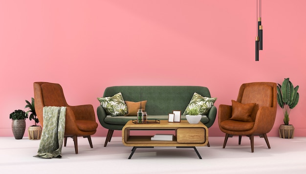 3d, das skandinavische rosa Wand mit grünem ledernem Dekor im Wohnzimmer überträgt