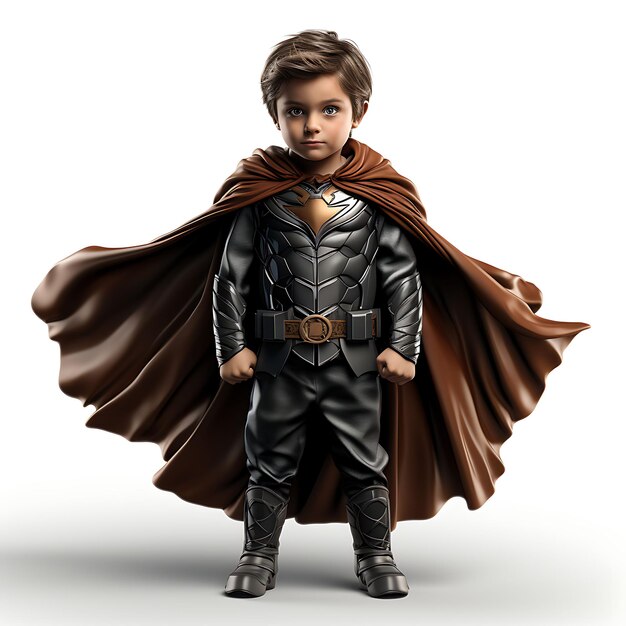 3D de Confident Kid Striking a Superhero Pose Determined Expressio Render em BG Branco Isolado