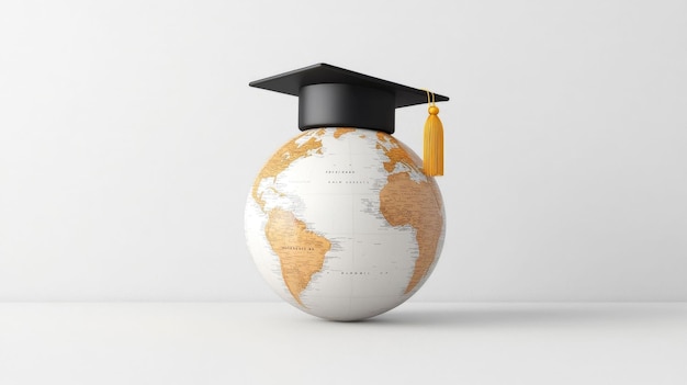 3D de um ícone de educação com um globo com um boné de graduação isolado em um símbolo de fundo branco
