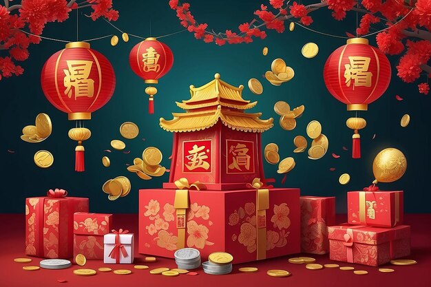 Foto 3d desenho animado elementos de férias do ano novo chinês, incluindo balões caixa de presente de lanterna com envelopes vermelhos e moedas