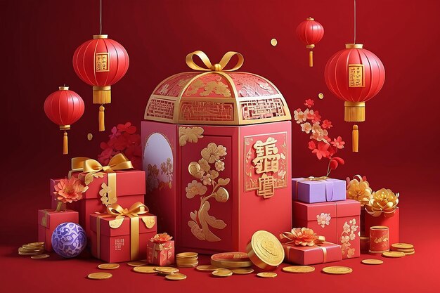 3d desenho animado elementos de férias do Ano Novo Chinês, incluindo balões caixa de presente de lanterna com envelopes vermelhos e moedas