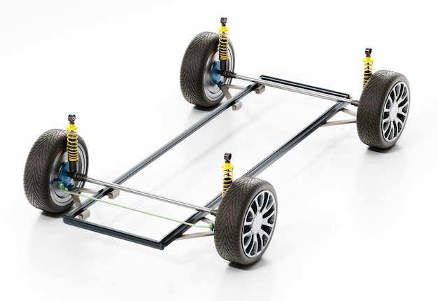 3D-Diagramm, das die Verbindung zwischen Auto-Stoßdämpferreifen und Fahrgestell zeigt