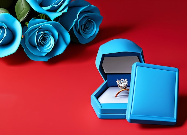 3D-Diamantenring in einer Schachtel mit Rosen und Hintergrund