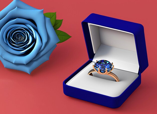 3D-Diamantenring in einer Schachtel mit Rosen und Hintergrund