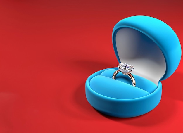 3D-Diamantenring in einer Schachtel mit Rosen und Hintergrund