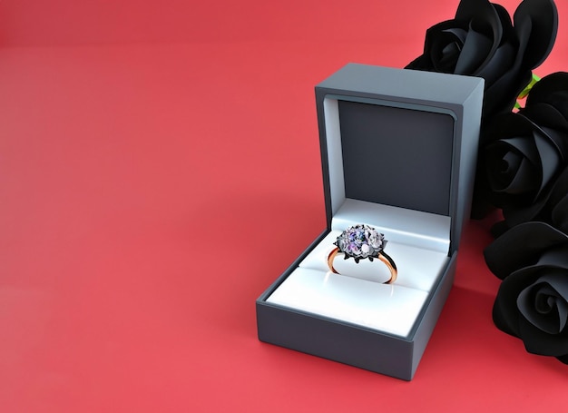 3D-Diamantenring in einer Schachtel mit Rosen und Hintergrund