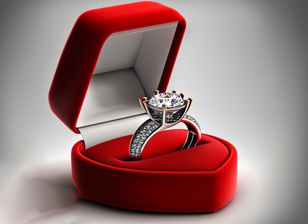 3D-Diamantenring in einer Schachtel mit Rosen und Hintergrund