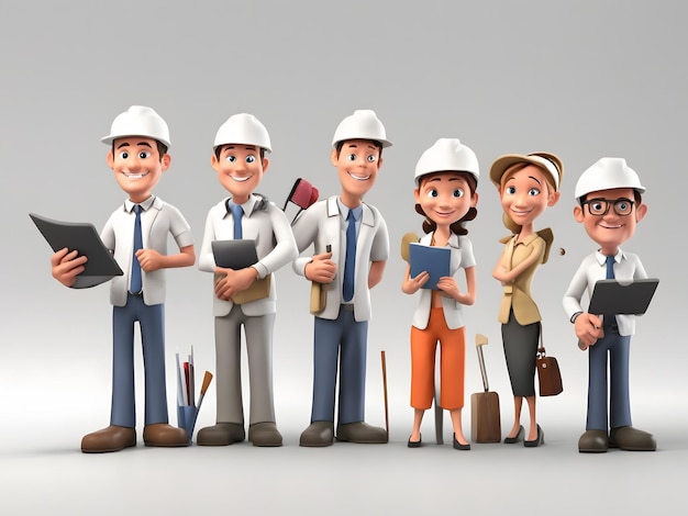 3D dibujos animados gente trabajadora fondo blanco