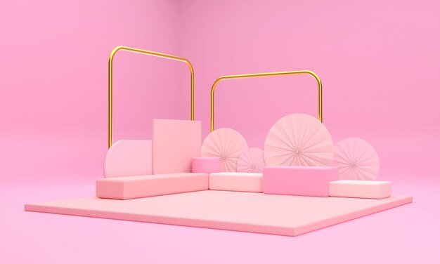 3D Die Szene und das pinke Podium und die goldenen Säulen sehen hervorragend und luxuriös aus