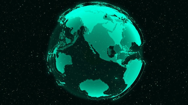 3D Digital Earth zeigt das Konzept der globalen Netzwerkverbindung internationaler Menschen im globalen Geschäft, die sich in Sternen und Weltraumhintergrund drehen. Moderne Informationstechnologie und Globalisierungskonzept.