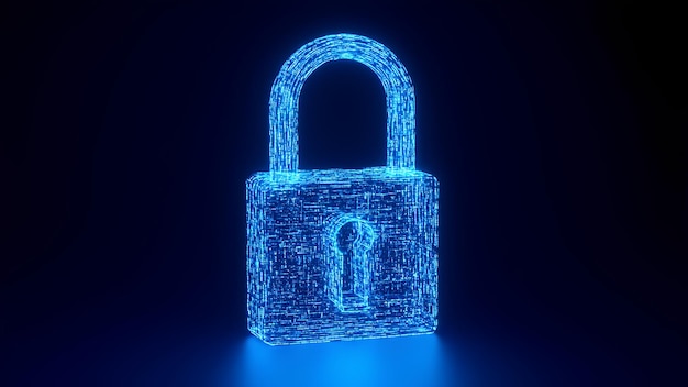 3D-Digital-Lock mit holographischer Firewall-Schutz Cybersicherheit und Datenverschlüsselungskonzept