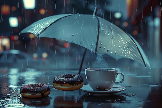 3D-Digitalbild Ein Regenschirm über Kaffee und einem Donut