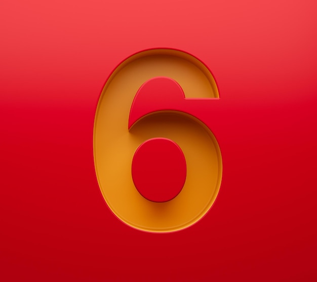 Foto 3d dígitos 6 ou seis números de ouro chanfrados na ilustração 3d de fundo vermelho