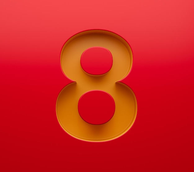 3d dígitos 8 ou oito números de ouro chanfrados na ilustração 3D de fundo vermelho