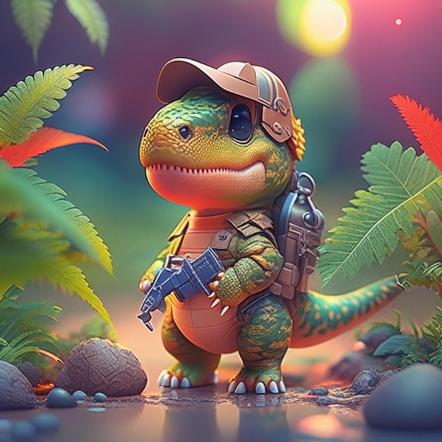 3D de un dinosaurio con un arma en la mano